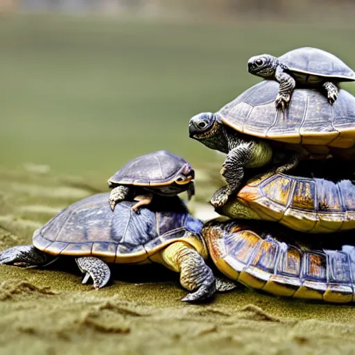 Prompt: a stack of turtles with!!!!!!!!! earth!!!!!!!! on top