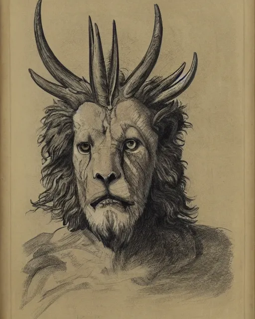 Image similar to a creature with the body and eyes of a man, with the beak of an eagle, the mane of a lion, and the horns of an ox. drawn by francis bacon