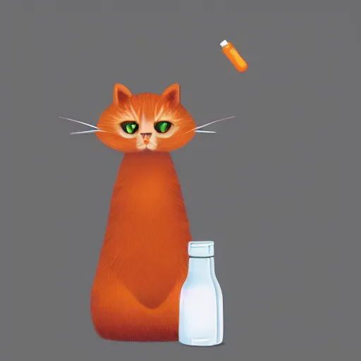 Prompt: a fluffy cat standing next to a bottle of medicine. orange cat. animal. digital art. artstation. illustration.