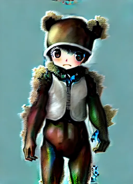 Image similar to beautiful little boy wearing an cyborg bear suit, artwork in kentaro miura and made in abyss and rosdraws, smooth, beautiful lightness, anatomically correct, trending on pixiv, forest