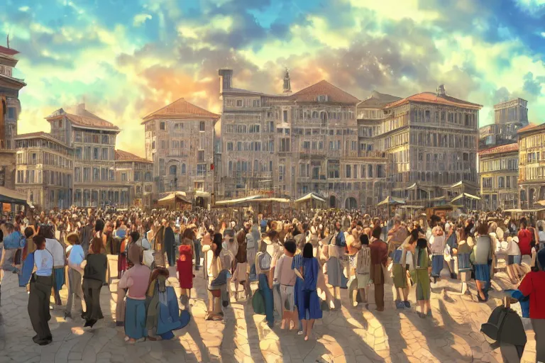 Prompt: cell shaded key visual of a renaissance city square, crowds of people, dramatic lighting