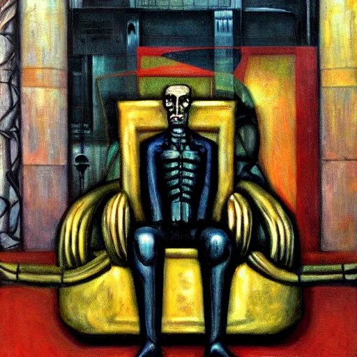 Prompt: weary cyborg king on a throne, dystopian, pj crook, edward hopper, oil on canvas