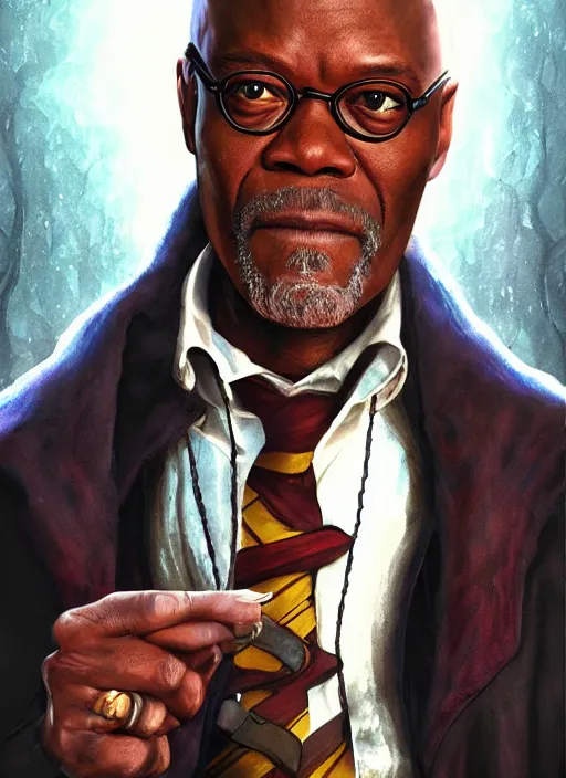 Image similar to Dramatic portrait photo of Samuel L Jackson as Harry Potter, wizard, cracked castle in background, dramatic lighting, digital painting, concept art, smooth, sharp focus, art by artgerm