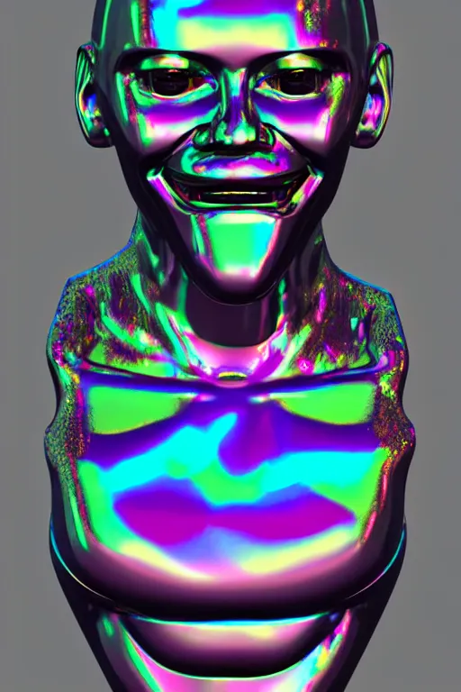 Image similar to 3d render of holographic angry human robotic screaming angry bust made of glossy iridescent, screaming, bust, surrealistic 3d illustration of a human non-binary, non binary model, 3d model human, cryengine, made of holographic texture, holographic material, holographic rainbow, concept of cyborg and artificial intelligence