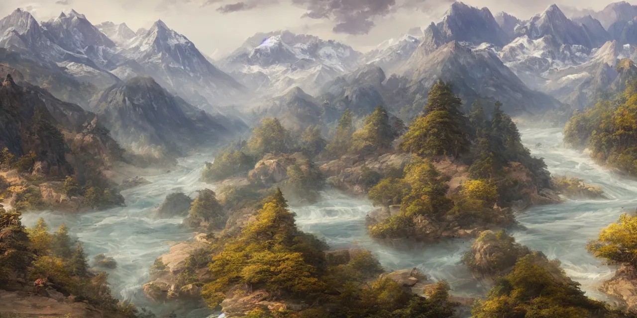 Image similar to a beautiful painting of a scene about a panorama of rivers and mountains, by xun ren and james jean, trending on artstation., ultrawide viewn and highly detailed matte painting