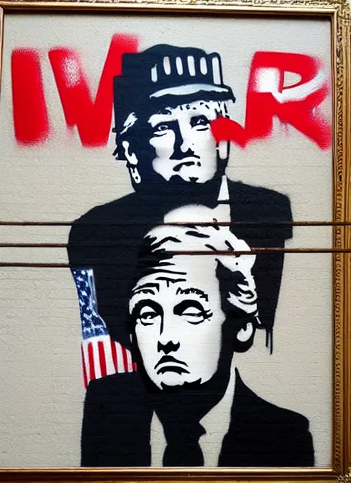 Prompt: banksy trump graffiti art on canvas