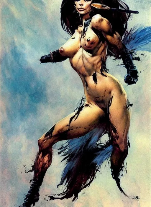 Prompt: portrait of female chaos angel, beautiful! coherent! by frank frazetta, by brom, strong line, deep color, armor, volumetric hair, high contrast
