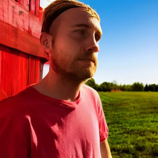 Prompt: young white guy in a red bandana staring at a blue sky with a fence in the background, photo, photoshoot, detailed