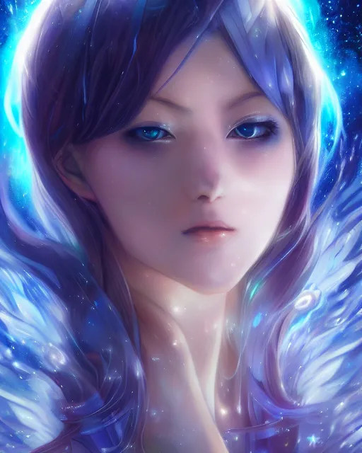 Image similar to A realistic anime portrait of a beautiful cosmic woman with glowing blue eyes and skin made of universes wearing clothes made of galaxies, digital painting, by Stanley Artgerm Lau, Sakimichan, WLOP and Rossdraws, digtial painting, trending on ArtStation, SFW version