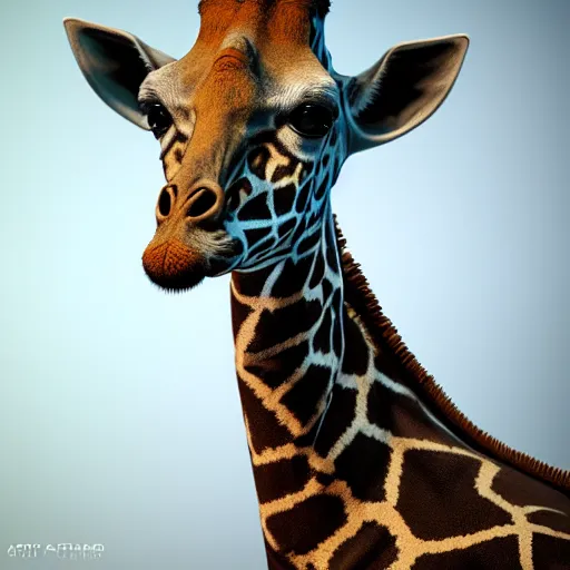 Prompt: a highly detailed portrait of a humanoid giraffe in a blue cloak, artstation, deviantart, professional, unreal engine 5, photorealistic