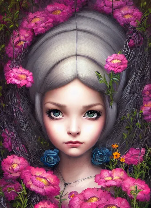 Prompt: profile medieval nicoletta ceccoli, mark ryden, lostfish, hyung tae, frank frazetta, face portrait of cyborg girl surrounded by flowers and cables portrait, hyper realistic, artstation, illustration, digital paint, matte paint, vivid colors, bright, cheerful, detailed and intricate environment