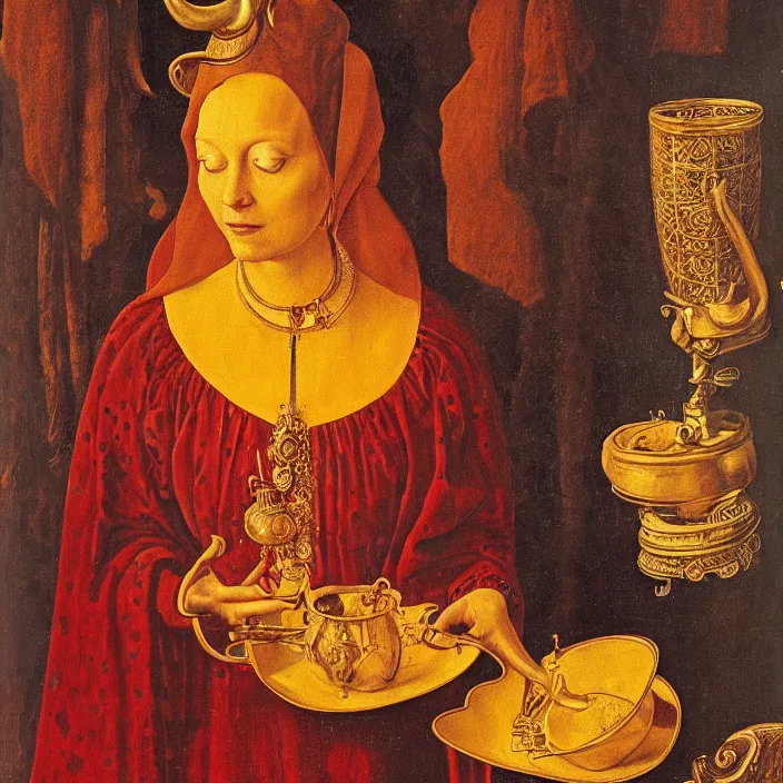 Prompt: a closeup portrait of a horned woman, drinking a golden elixir, drinking, chalice, in a heart nebula, golden hour, by jan van eyck