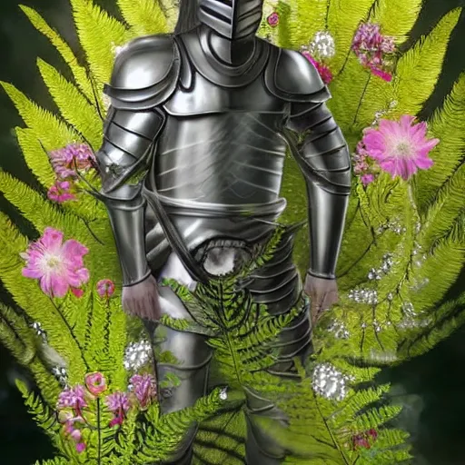 Image similar to a male knight, stern face, clear eyes, shining armour made of steel and flowers, and fractal flowery hair in a fractal garden, glowing delicate flower, berries and ferns that grow in a dark fantasy forest, full frame,