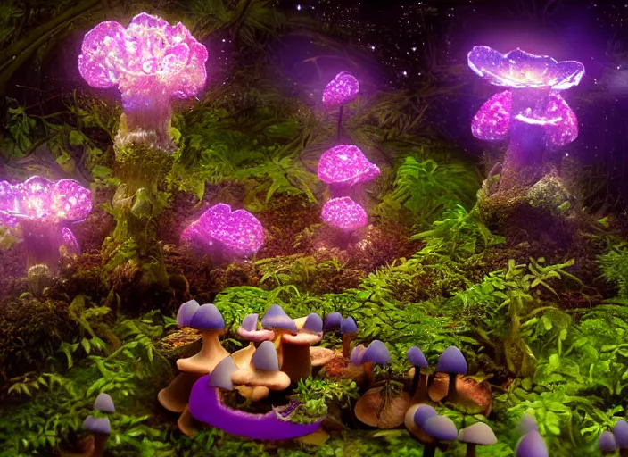 Prompt: glowing delicate flower and mushrooms that grow in a dark fatansy forest on the planet Pandora,