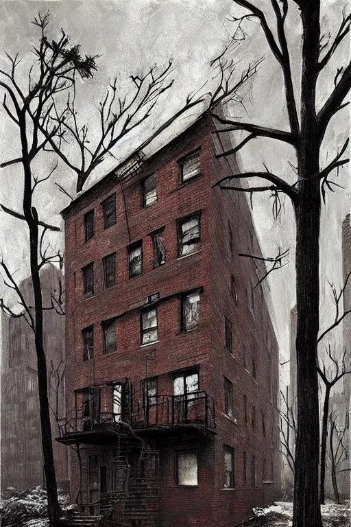 Prompt: (((((a ramshackle Manhattan brick brownstone deep in the forest))))) by Andrew Andreev!!!!!!!!!!!!!!!!!!!!!!!!!!!