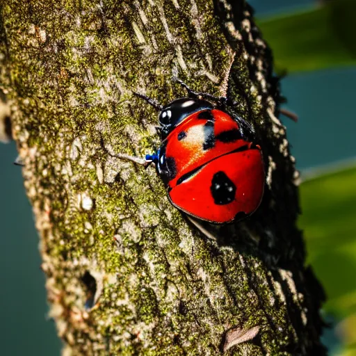 Prompt: macro photo of a ladybird on a tree trunk, reduced field of view, cinematic lighting, professional photography, sunny day