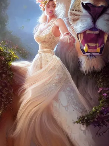 Prompt: a woman and a lion, wearing a cute white dress adorned with flowers, dominating a ferocious lion. intricate, elegant, highly detailed, digital painting, artstation, concept art, sharp focus, illustration, by justin gerard and artgerm, 8 k