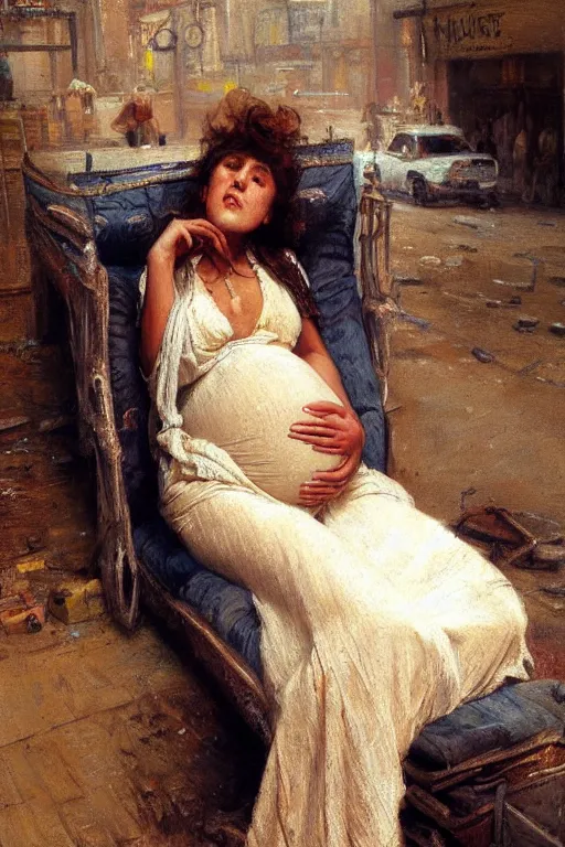 Prompt: pregnant woman in t-shirt by Gaston Bussiere. full-shot, urban dystopia, hyper realism, realistic proportions, dramatic lighting, high detail 4k