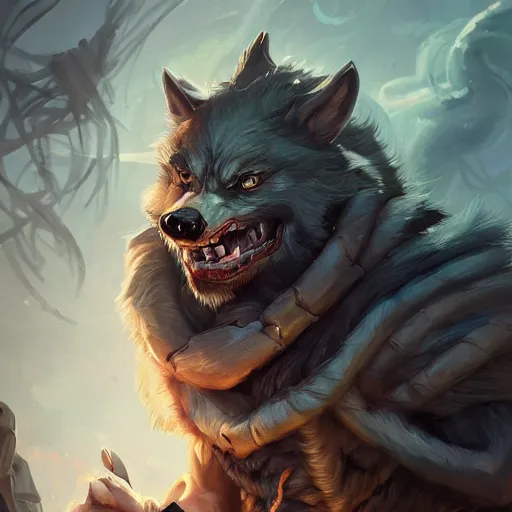 Image similar to portrait of werewolf of ashes and smoke, league of legends splash art, hearthstone splash art, full body shot, rule of thirds, ultrafine hyperrealistic detailed face, artgerm, greg rutkowski, trending on artstation, 8 k, intricately detailed, highly detailed