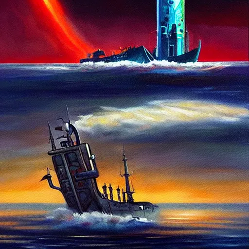 Image similar to a ship off the shore of a beautiful coast with a distant ominous biopunk tower filled with evil technology glowing in the distance, painting by John Berkley