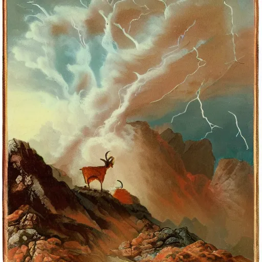 Image similar to highly detailed goat with a thousand horns blowing smoke on a red cliff with thunderstorm in the background