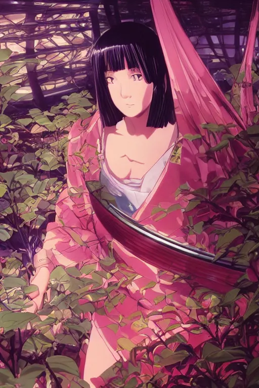 Prompt: Cinestill 800t, 8K, highly detailed, syd mead seinen manga 3/4 extreme closeup portrait, clear eyes, focus on blade runner fairy dress model, tilt shift zaha hadid style anime background: famous syd mead anime remake, Garden pond scene