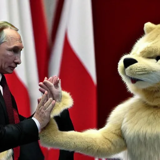 Image similar to Vladimir Putin swearing fealty to a council of furries