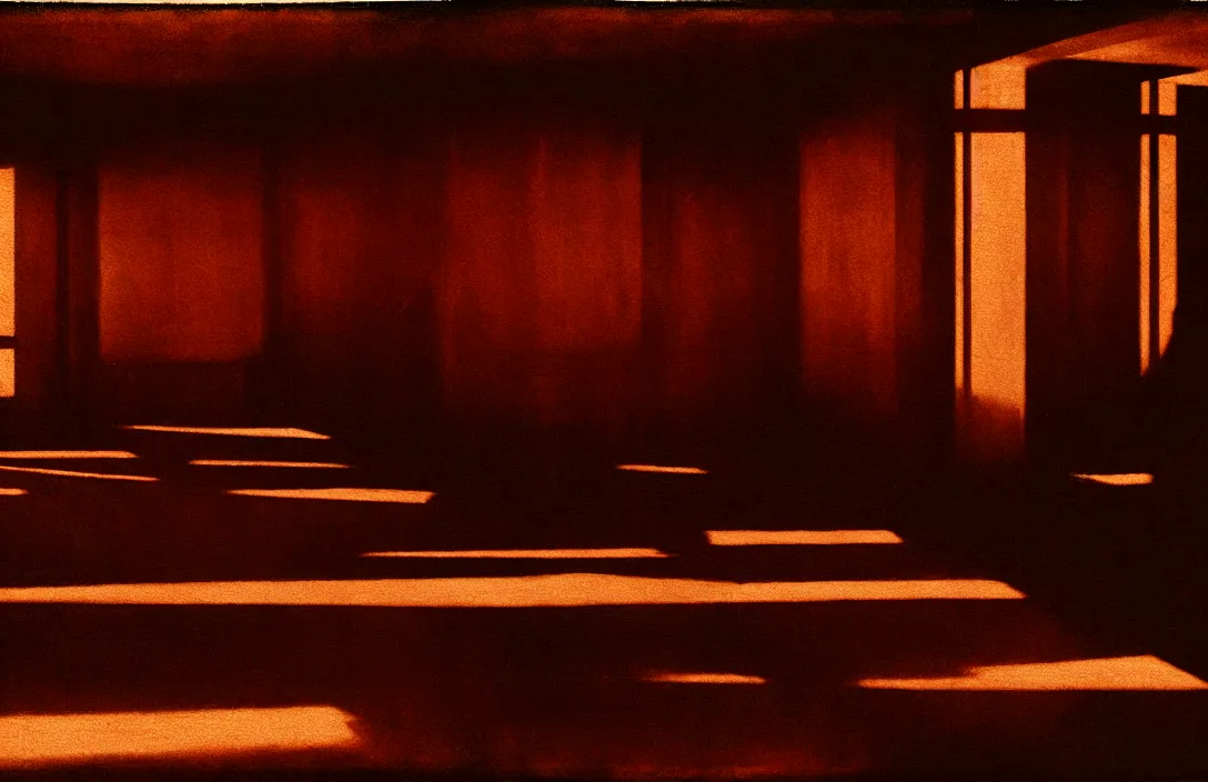 Image similar to virtuoso painting line density is used for rendering light and shadow. time bomb there is no sense of movement intact flawless ambrotype from 4 k criterion collection remastered cinematography gory horror film, ominous lighting, evil theme wow photo realistic postprocessing 8 k hyper real photo imax rectilinear lens building by frank lloyd wright