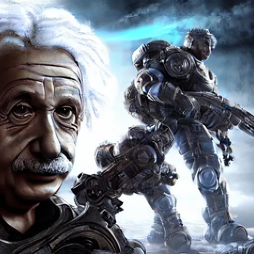 Image similar to Albert Einstein in Gears of War, splash art, movie still, detailed face, cinematic lighting, dramatic, octane render, long lens, shallow depth of field, bokeh, anamorphic lens flare, 8k, hyper detailed, 35mm film grain