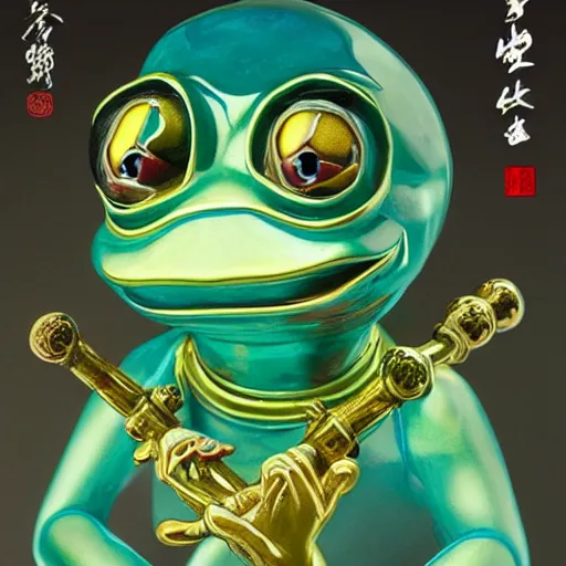 Image similar to plasticine wet shiny angels, crystal, moonlit, mirrors, camera angled dramatically, realistic, a hyperdetailed design of pepe the frog, wearing blue shirt, ferocious, chinese mythology, victo nga, fumo yoshitoshi, ren jing jeong, feifei ruan, peter mohrbacher, takato yamamoto