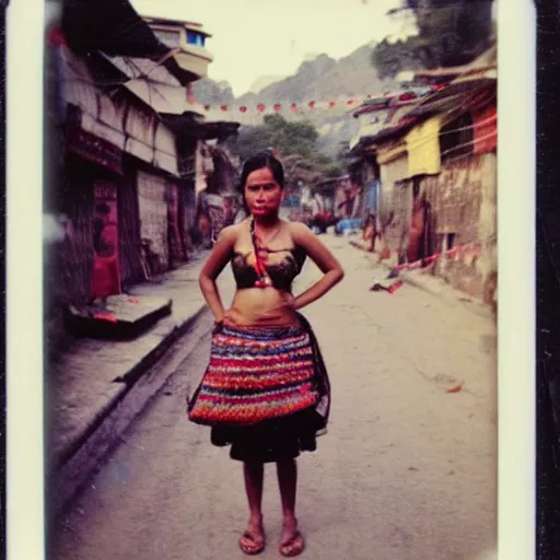 Image similar to 3 5 mm vintage polaroid picture of a nepali girl in the street of kathmandu, posing for playboy photoshoot