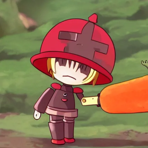 Image similar to cute robot with big tomato hat and a carrot sword, made in abyss style