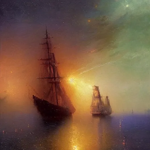 Prompt: sailing ship, cosmic nebula!!!!!!!!!!!!!, artstation, by andrea rocha, by ivan aivazovsky, by john harris, impressionism, watercolor, dramatic scenery, hdr