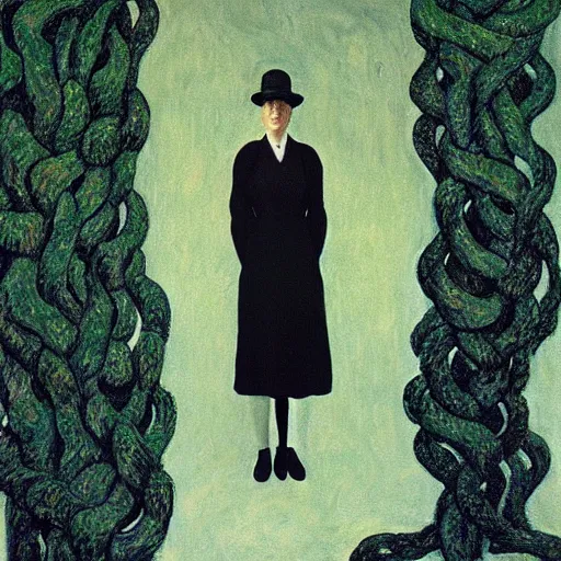 Image similar to painting of an artist in her apartment, wrapped in vines, black walls, puddles, moss, stone, acrylic on canvas, by magritte and monet