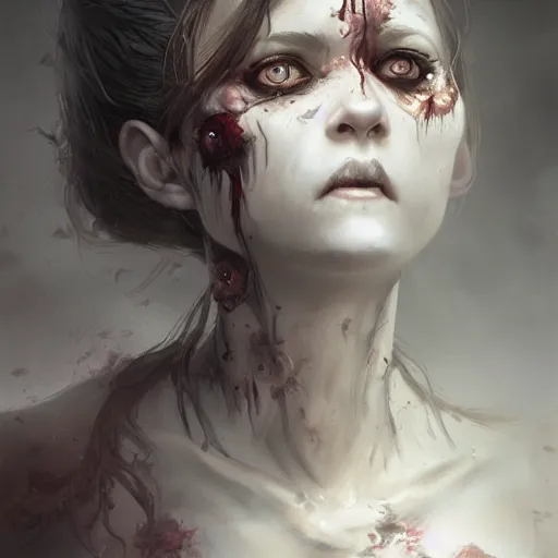 Image similar to detailed portrait of a cute undead zombie girl, beautiful, fantasy, intricate, elegant, highly detailed, digital painting, artstation, concept art, matte, sharp focus, illustration, art by aenaluck and roberto ferri and greg rutkowski, epic fantasy, digital painting