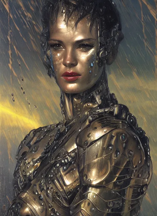 Image similar to a biblical diabolical beautiful female android, rain on face, shiny hi tech armor, dynamic pose, splashing, heavy eyes to the side, glowing veins, in clouds, rain and lightning storm, sunset, portrait, by gerald brom, by mikhail vrubel, by peter elson, muted colors, extreme detail, reflections, trending on artstation, 8 k