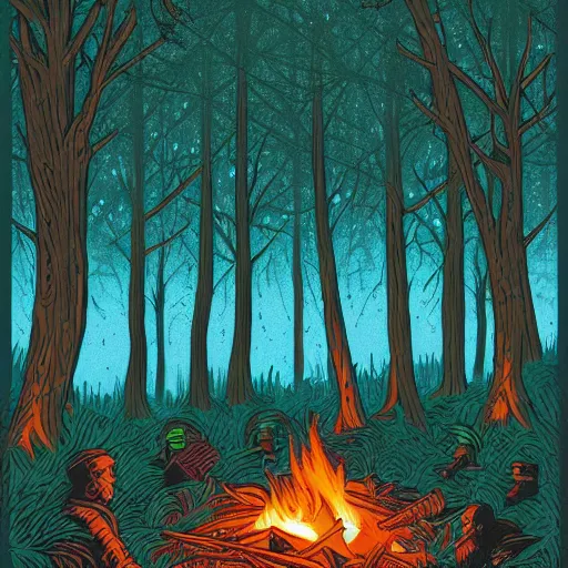 Image similar to A campfire in the forest by Dan Mumford