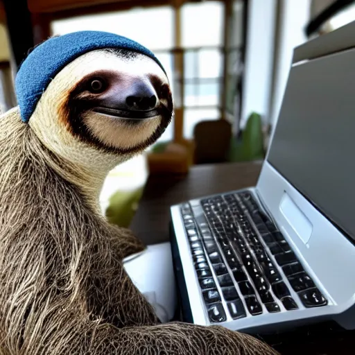 Prompt: photo of a cute sloth typing on a computer ando wearing a wool hat