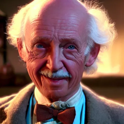 Image similar to a movie still of grandpa joe from willy wonka, posing in front of a lifetime supply of chocolate, dynamic lighting, 8 k, 2 0 2 2 picture of the year