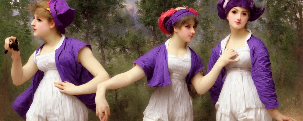 Image similar to A character sheet of a very cute magical girl with short blond hair wearing an oversized purple Beret, Purple overall shorts, Short Puffy pants made of silk, pointy jester shoes, a big billowy scarf, and white leggings. Rainbow accessories all over. Flowing fabric. Covered in stars. Short Hair. Art by william-adolphe bouguereau and Paul Delaroche and Alexandre Cabanel and Lawrence Alma-Tadema and WLOP and Artgerm. Fashion Photography. Decora Fashion. harajuku street fashion. Kawaii Design. Intricate, elegant, Highly Detailed. Smooth, Sharp Focus, Illustration Photo real. realistic. Hyper Realistic. Sunlit. Moonlight. 4K. UHD. Denoise.