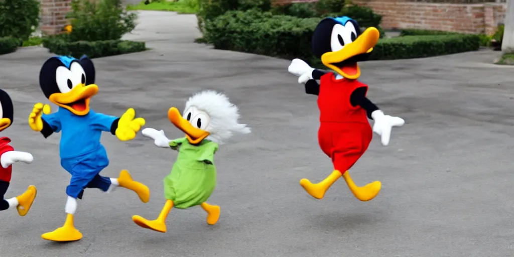 Prompt: huey dewey and louie running away from angry donald duck