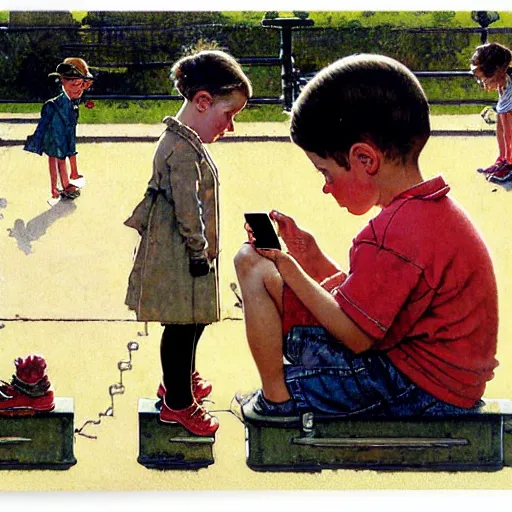 Image similar to boy and girl at a playground staring at iphones, by norman rockwell