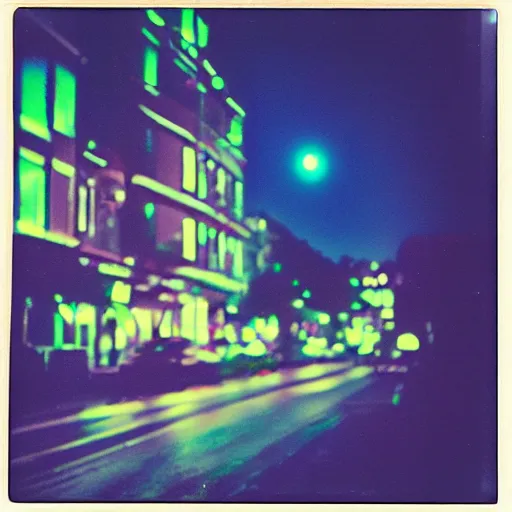 Prompt: colorful instant photograph of the moon in a city at night, polaroid, light leak, raw, nostalgic