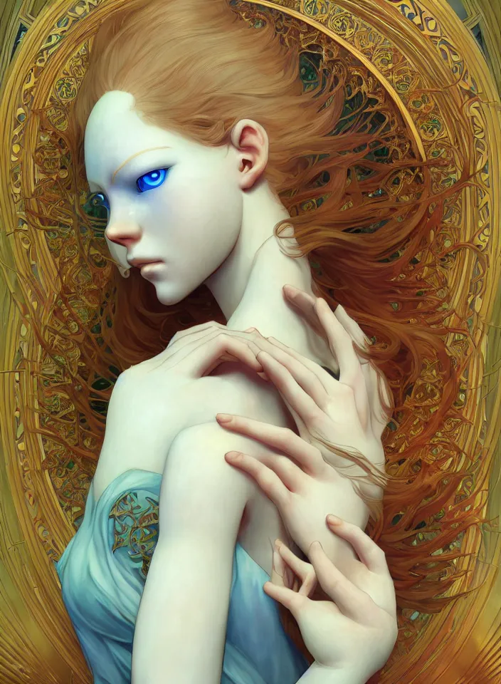 Prompt: symmetry!! cancer!!!! pale ginger girl with defined features and large blue eyes, complex 3 d render by ilya kuvshinov, alphonse mucha, ryohei hase, dramatic lighting, intricate, highly detailed, final fantasy, sharp focus, luminous, unreal engine 5 highly rendered, blender, deviant