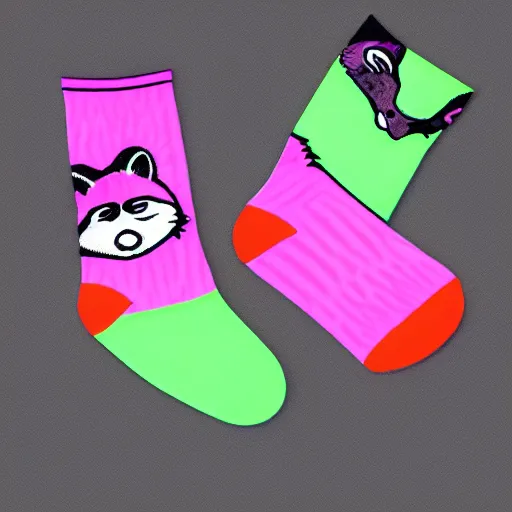 Prompt: a mockup of neon pink socks with raccoon face on them