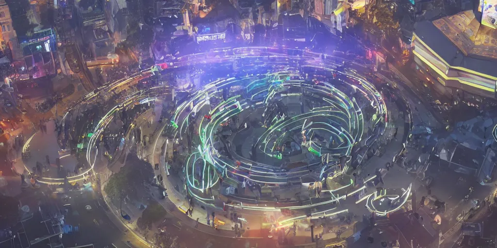 Image similar to policemen protecting a huge spiral - shaped bright luminous attractor right in the center of the city from protesting people,, rain and light fog, professional lighting, concept art in 3 d, high detail, professional lighting, 8 k, unreal engine