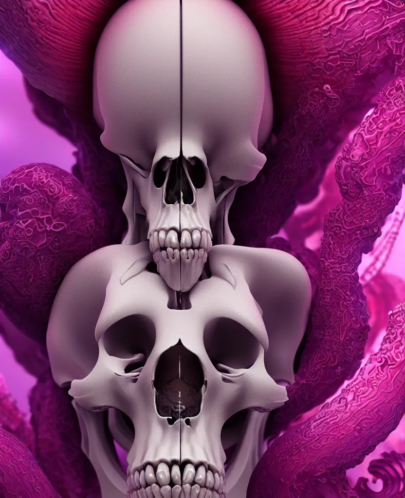 Image similar to goddess close - up portrait human skeleton, ram skull, squid phoenix jellyfish, orchid, betta fish, bioluminiscent, intricate artwork by tooth wu and wlop and beeple. octane render, trending on artstation, greg rutkowski very coherent symmetrical artwork. cinematic, hyper realism, high detail, octane render, 8 k