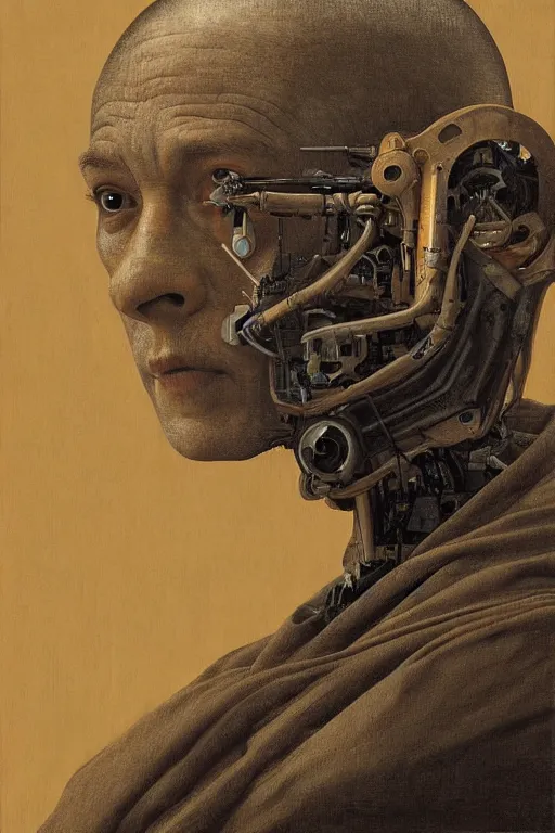 Image similar to robot monk painting a self - portrait on a canvas. intricate, highly detailed, photorealistic, film still, by vdragan bibin.