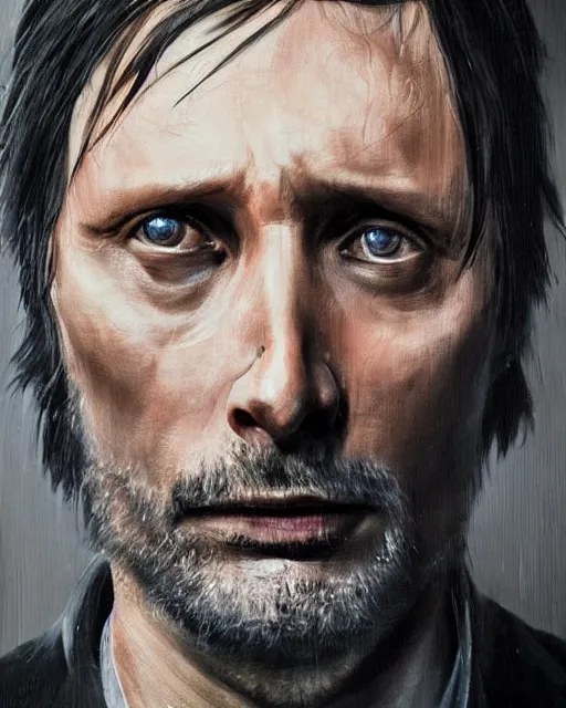 Image similar to mads mikkelson as clifford unger from death stranding, tears of tar, mysterious portrait, oil painting, black background