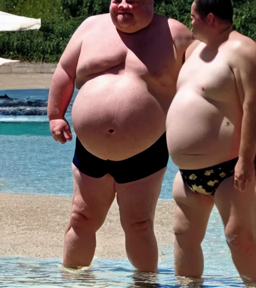 Image similar to old fat man in swimsuit, belly, spyshot